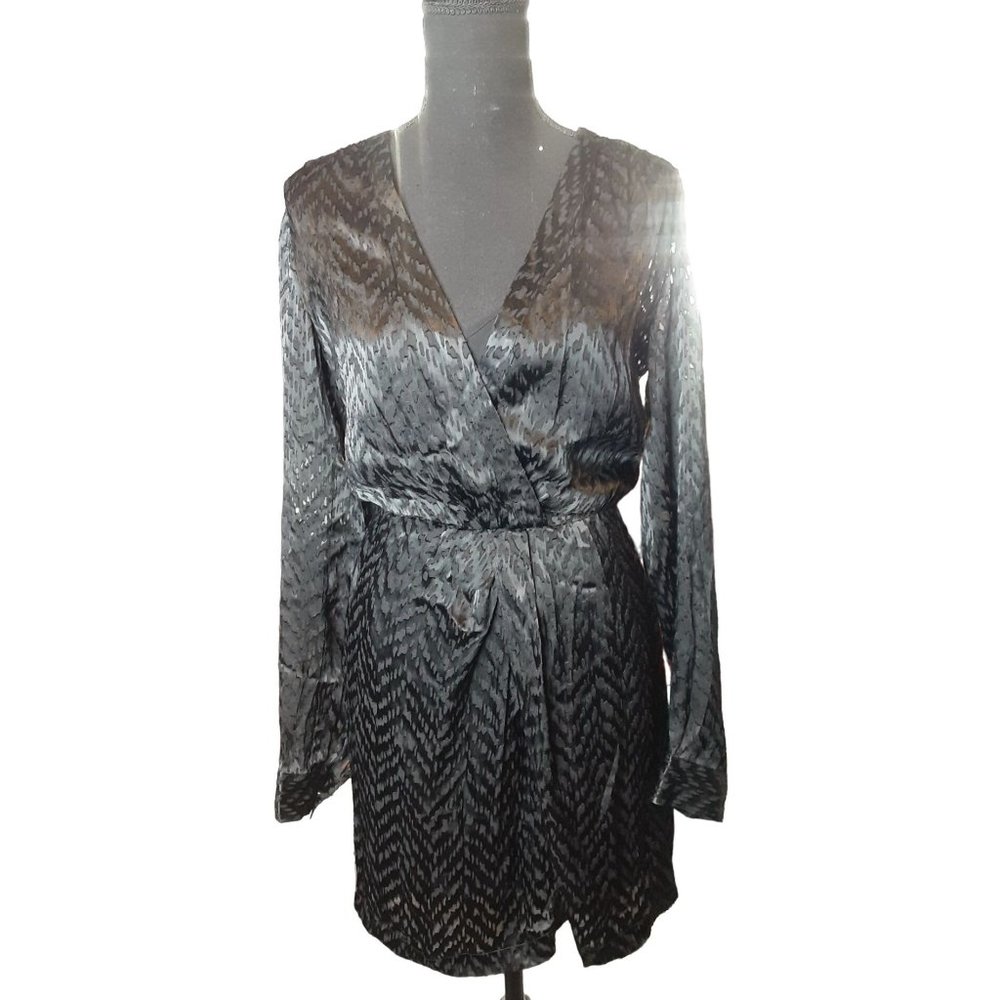 L'AGENCE Black Print Animal V Neck Faux Wrap Sheer Silk Dress XS